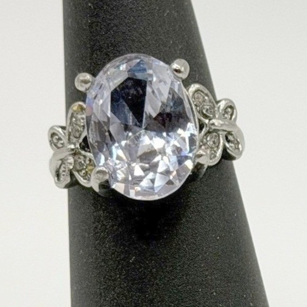 Silver‎ Tone Butterfly Ring Light Blue Crystal Oval Stone Size 7